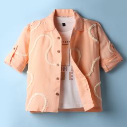Rikidoos Full Sleeves Lace Detailed Shirt & Vibes Text Printed Tee - Peach & White-picture-11