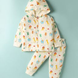 Simply Fleece Knit Full Sleeves Hooded Co-ords Winter Night Suit with Robot Print - Cream-image-68