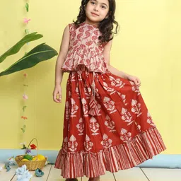 Kinder Kids Cotton Woven Sleeveless Floral Printed Lehenga Choli Set - Red-picture-13