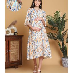 Moms Maternity Cotton Blend Woven Half Bell Sleeves Chevron Printed Maternity Dress With Side Seam Nursing Access - Multi Colour-image-51