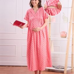 Bella Mama Cotton Woven Half Sleeves Maternity Kaftan with Floral Print - Pink-picture-30
