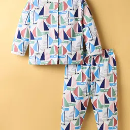 ToffyHouse 100% Knitted Cotton Single Jersey Full Sleeves Night Suit with Boat Print - White-picture-2
