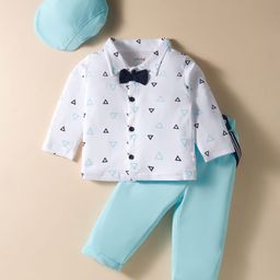BUMZEE Cotton Knit Full Sleeves Triangle Printed Shirt & Pant Set With Suspender Cap - Aqua Blue & White-picture-42