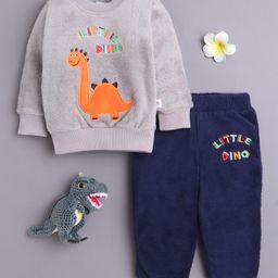 BUMZEE Cotton Blend Knit Full Sleeves Dino Embroidered Light Winter Sweatshirt & Jogger Set - Grey & Navy-picture-18