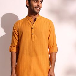 Fabindia Striped Mandarin Collar Roll-Up Sleeves Cotton Dobby Short Straight Kurta-image-91