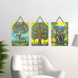 ArtVibes Yellow 3 Pieces Traditional Madhubani Animal Panels Wooden Hanging Wall Arts-image-66