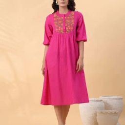 Janasya Pink Cotton Embroidered A Line Dress-image-21