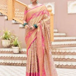 Satrani Rani Pink & Golden Silk Woven Saree With Unstitched Blouse-picture-11