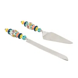 Chumbak Heritage Florals Blue Stainless Steel Cake Server - Set of 2-17
