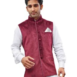 VASTRAMAY Maroon Straight Fit Printed Nehru Jacket-16