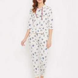Clovia Beige & Blue Printed Hoodie With Joggers-image-77