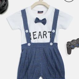 Li'l Tomatoes Kids White & Blue Checks T-Shirt with Dungaree-image-60