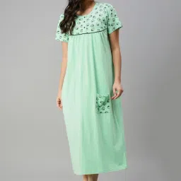 Kryptic Pista Green Printed Pure Cotton Maxi Night Dress-image-5