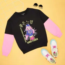 Pantaloons Junior Girls Black & Pink Cotton Printed Full Sleeves Sweatshirts & Hoodies-picture-9