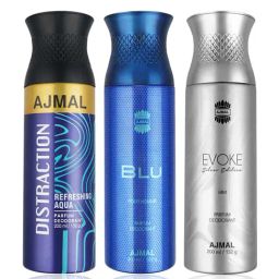 Ajmal Distraction, Blu & Evoke Silver Edition Parfum Deodorants for Men - Pack of 3-image-1
