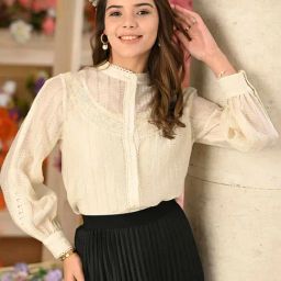 MADAME Beige Self Design Top-image-67
