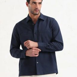 Showoff Navy Blue Cotton Slim Fit Shacket-43