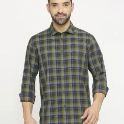 Basics Olive Cotton Slim Fit Checks Shirt-image-34