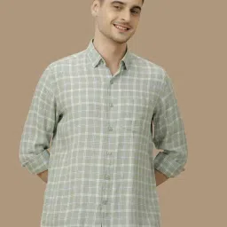Linen Club Green Linen Contemporary Fit Checks Shirt-image-125