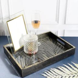Smokey Cocktail Black Stoneware Geometric Rectangular Leaf Look Luxury Serving Tray-17