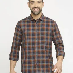 Basics Brown Cotton Slim Fit Checks Shirt-image-28