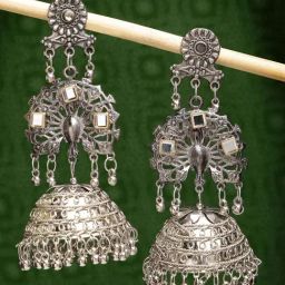 NVR Silver Plated Mirror Work Contemporary Oxidized Jhumki Earrings for Women-image-1