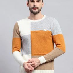 Monte Carlo Off White Wool Blend Regular Fit Colorblocked Pullover-45