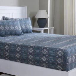 Maspar Gareth Blue Cotton Geometric 144 TC Single Fitted Bedsheet with 1 Pillow Case-image-23