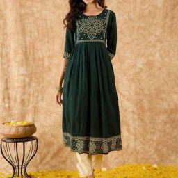 Indo Era Green Embroidered Fit and Flare Kurta-image-2