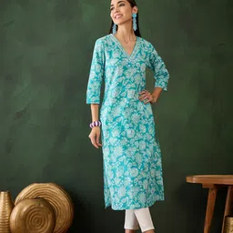Vastramyaa Women Floral Printed Mirror Work Kurta-image-49