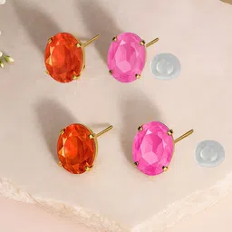 ORANGENYSHA Set Of 2 Korean Gold-Plated Crystal Studded Oval Shaped Studs-picture-9