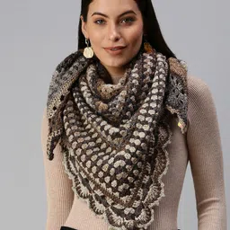 Magic Needles Women Coffee Brown & Grey Striped Handmade Poncho-image-11