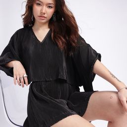 glitchez Accordion Pleated Kimono Sleeves Crop Top With Shorts Co-Ords-picture-50