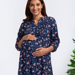 Bella Mama 3/4th Sleeves Maternity Top Floral Print - Blue-picture-0
