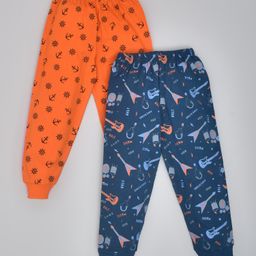 Kiwi Pack Of 2 100% Cotton All Over Sea Anchors & Guitars Printed Lounge Pants With Ribbed Bottom - Blue & Orange-image-90