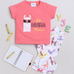 Knitting Doodles Premium Cotton Half Sleeves No Drama Llama Printed Tee & Pajama - Pink & White-image-63