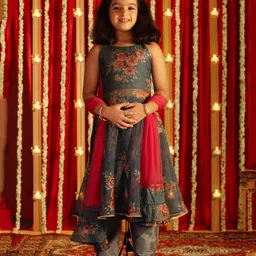 Vastramay Sleeveless Floral Motif Foil Printed Kurta Set - Grey-picture-1
