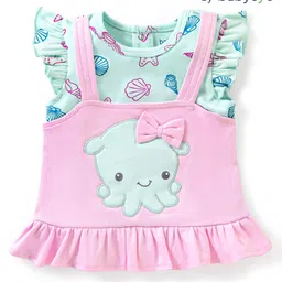 Babyoye Eco Conscious  Cotton Knit Half Sleeves Top with Octopus Patch  & Bow Applique - Pink & Blue-picture-0