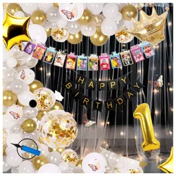 Puchku Premium Happy Birthday Foil balloon Set for first 1st birthday White Gold Theme boy girl kids ( pack of 89   white)-picture-8