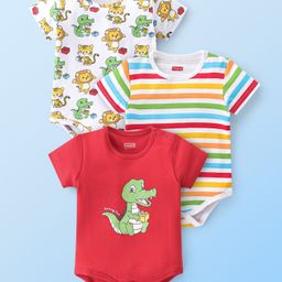 Babyhug 100% Cotton Knit Half Sleeves Onesies Striped & Crocodile Print Pack of 3  - Multicolour-image-80