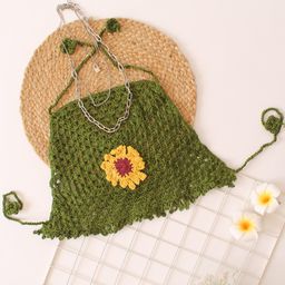 Woonie Cotton Halter Neck Crochet  Sunflower Top - Green-image-3