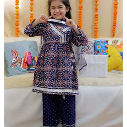 BownBee Pure Cotton Three Fourth Sleeves Abstract Printed Angrakha Kurta With Pant & Dupatta - Indigo-picture-37