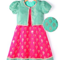 EARTHY TOUCH Jacquard Woven Half Sleeves Embroidered Shrug & Ethnic Dress with Floral Foil Print - Dark Pink-image-98