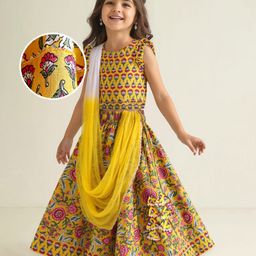 Babyhug Woven Sleeveless Floral Printed Choli Lehenga Set with Dupatta & Lace Detailing - Yellow-image-45