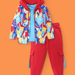 Ollington St. 100% Cotton Full Sleeves Hooded Front Zipper Guitars Printed Sweatshirt With T-Shirt & Joggers Winter Wear Set - Red-image-48