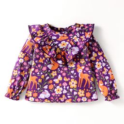 Babyhug Cotton Knit Full Sleeves Top With Floral & Animal Print - Purple-image-97