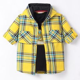 Rikidoos Full Sleeves Checked Hooded Shirt With Typography PrintedTee - Yellow & Black-image-32