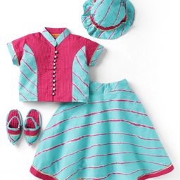 Exclusive from Jaipur Cotton Knit Half Sleeves Striped Choli Lehenga Set with Hat & Mojari - Light Blue & Pink-image-29