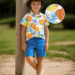 Ollington St. Cotton Half Sleeves Leaf Printed Shirt & Knit Shorts - White & Blue-image-94