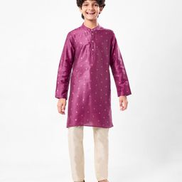 Pine Kids Woven Full Sleeves Kurta Pyjama Set with Floral Foil Print - Purple-image-81
